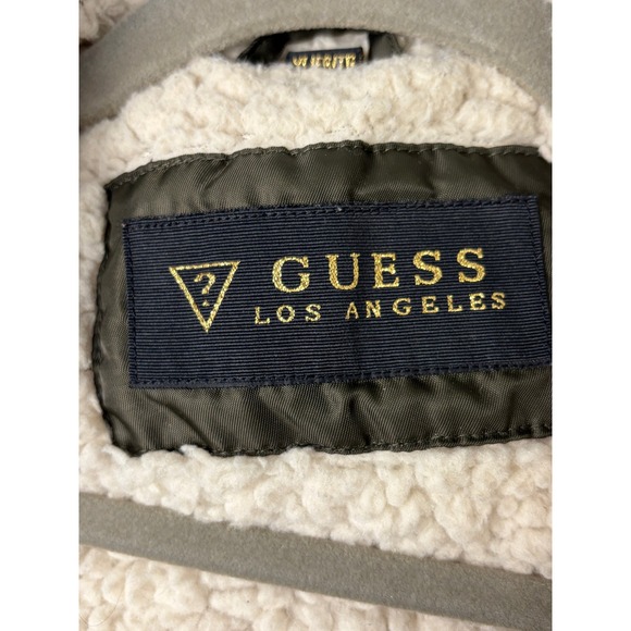 Guess Olive Sherpa Lined Hooded Parka Jacket Gold Zip Detail‎ Size XL - Picture 3 of 16